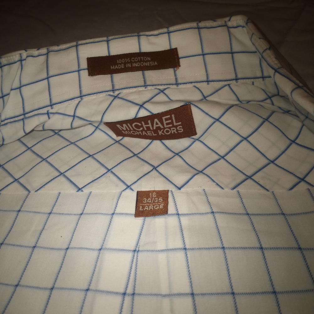 Michael Kors Men's White and Blue Grid Shirt